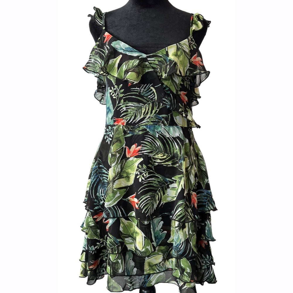 Sanctuary Womens Green Floral Tropical Print Sleeveless Chiffon Ruffle‎ Dress XS